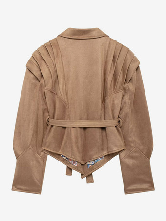 レディース用フェイクスエードラップジャケット - ブラウン砂時計型テーラードブレザー構造ショルダーコート - 2026年春のシックなストリートウェア