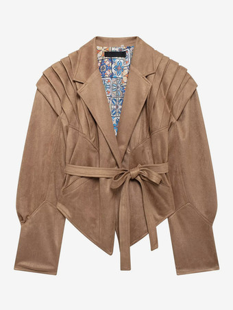 レディース用フェイクスエードラップジャケット - ブラウン砂時計型テーラードブレザー構造ショルダーコート - 2026年春のシックなストリートウェア