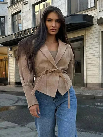 レディース用フェイクスエードラップジャケット - ブラウン砂時計型テーラードブレザー構造ショルダーコート - 2026年春のシックなストリートウェア