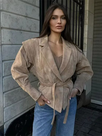 レディース用フェイクスエードラップジャケット - ブラウン砂時計型テーラードブレザー構造ショルダーコート - 2026年春のシックなストリートウェア