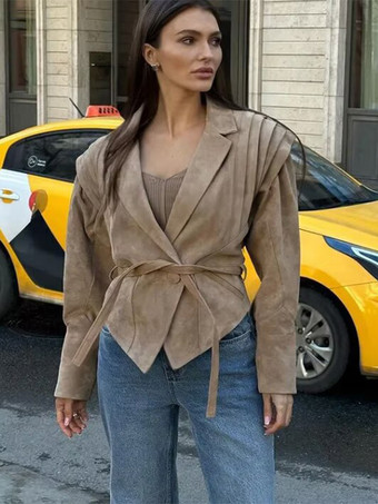 レディース用フェイクスエードラップジャケット - ブラウン砂時計型テーラードブレザー構造ショルダーコート - 2026年春のシックなストリートウェア