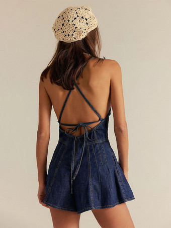 背中開きウォッシュドデニムロンパース（レディース） - グランジ風Vネッククロスストラッププレイスーツ（ポケット付き） - サマーミュージックフェスティバル2026