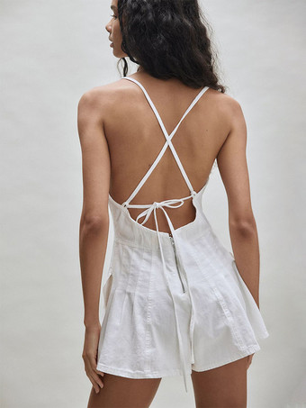 背中開きウォッシュドデニムロンパース（レディース） - グランジ風Vネッククロスストラッププレイスーツ（ポケット付き） - サマーミュージックフェスティバル2026