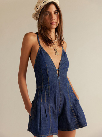 ダークネイビー背中開きウォッシュドデニムロンパース（レディース） - グランジ風Vネッククロスストラッププレイスーツ（ポケット付き） - サマーミュージックフェスティバル2026