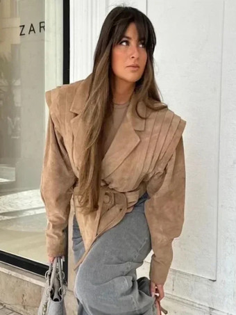 レディース用フェイクスエードラップジャケット - ブラウン砂時計型テーラードブレザー構造ショルダーコート - 2026年春のシックなストリートウェア