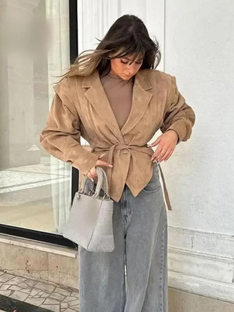 レディース用フェイクスエードラップジャケット - ブラウン砂時計型テーラードブレザー構造ショルダーコート - 2026年春のシックなストリートウェア