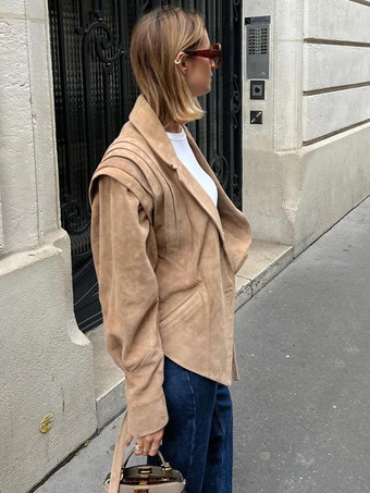 レディース用フェイクスエードラップジャケット - ブラウン砂時計型テーラードブレザー構造ショルダーコート - 2026年春のシックなストリートウェア