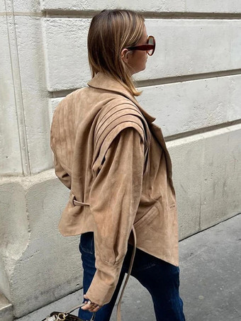 レディース用フェイクスエードラップジャケット - ブラウン砂時計型テーラードブレザー構造ショルダーコート - 2026年春のシックなストリートウェア