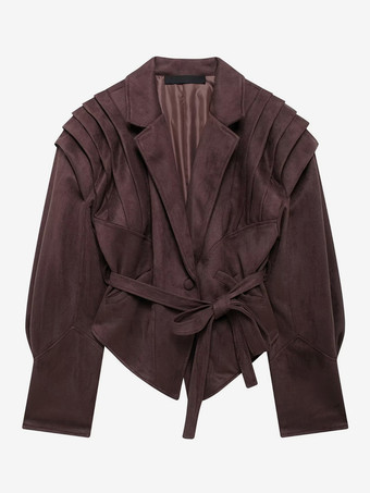 ブラウン レディース用フェイクスエードラップジャケット - ブラウン砂時計型テーラードブレザー構造ショルダーコート - 2026年春のシックなストリートウェア