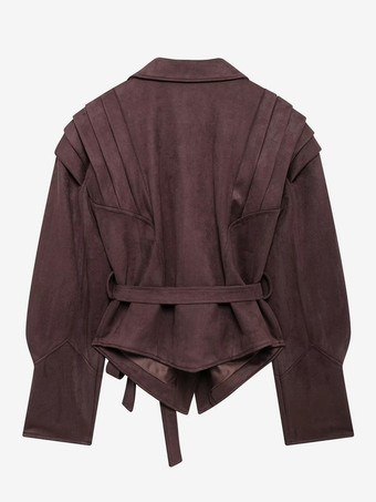 レディース用フェイクスエードラップジャケット - ブラウン砂時計型テーラードブレザー構造ショルダーコート - 2026年春のシックなストリートウェア
