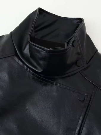 レディース用オーバーサイズフェイクレザーボンバージャケット - ブラックレトロハイネックルーズモトバイカーコート - 2026年春のシックなストリートウェア