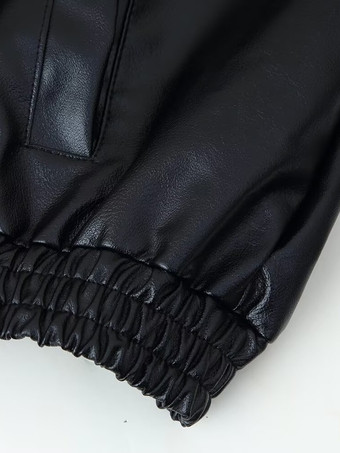 レディース用オーバーサイズフェイクレザーボンバージャケット - ブラックレトロハイネックルーズモトバイカーコート - 2026年春のシックなストリートウェア