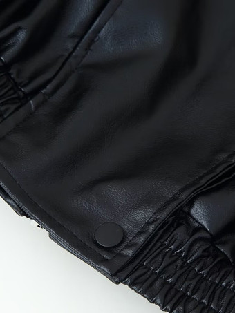 レディース用オーバーサイズフェイクレザーボンバージャケット - ブラックレトロハイネックルーズモトバイカーコート - 2026年春のシックなストリートウェア