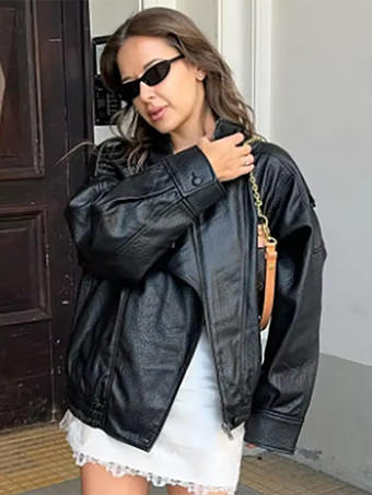 ブラック レディース用オーバーサイズフェイクレザーボンバージャケット - ブラックレトロハイネックルーズモトバイカーコート - 2026年春のシックなストリートウェア