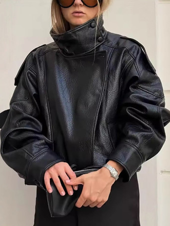 レディース用オーバーサイズフェイクレザーボンバージャケット - ブラックレトロハイネックルーズモトバイカーコート - 2026年春のシックなストリートウェア