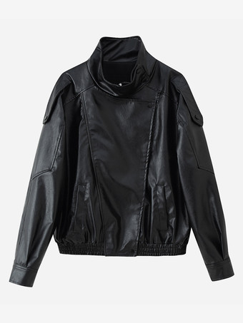 レディース用オーバーサイズフェイクレザーボンバージャケット - ブラックレトロハイネックルーズモトバイカーコート - 2026年春のシックなストリートウェア
