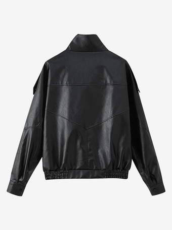 レディース用オーバーサイズフェイクレザーボンバージャケット - ブラックレトロハイネックルーズモトバイカーコート - 2026年春のシックなストリートウェア
