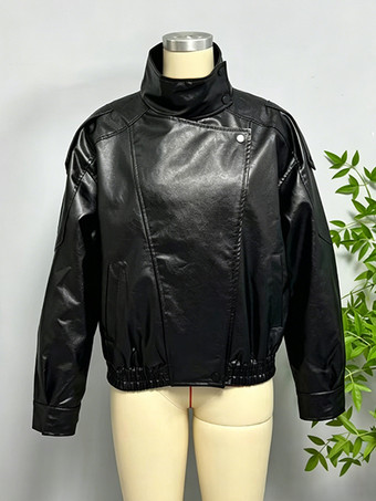 レディース用オーバーサイズフェイクレザーボンバージャケット - ブラックレトロハイネックルーズモトバイカーコート - 2026年春のシックなストリートウェア
