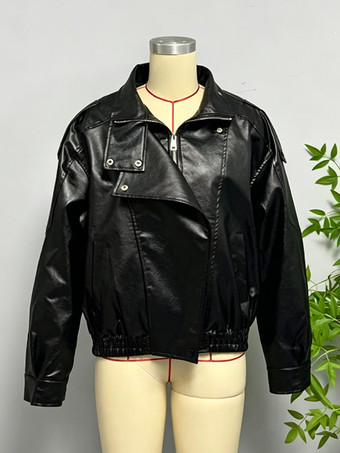 レディース用オーバーサイズフェイクレザーボンバージャケット - ブラックレトロハイネックルーズモトバイカーコート - 2026年春のシックなストリートウェア