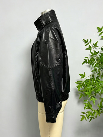 レディース用オーバーサイズフェイクレザーボンバージャケット - ブラックレトロハイネックルーズモトバイカーコート - 2026年春のシックなストリートウェア