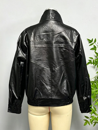 レディース用オーバーサイズフェイクレザーボンバージャケット - ブラックレトロハイネックルーズモトバイカーコート - 2026年春のシックなストリートウェア