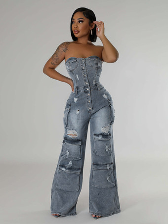 レディース用カーゴストラップレスデニムジャンプスーツ - ブルー Y2K ダメージ加工ワイドレッグボディコンプレイスーツ（ポケット付き） - サマーナイトアウトクラブ 2026