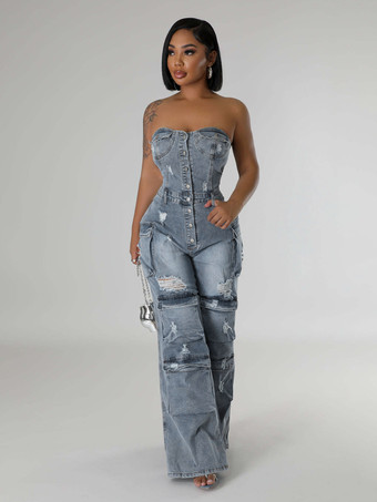 レディース用カーゴストラップレスデニムジャンプスーツ - ブルー Y2K ダメージ加工ワイドレッグボディコンプレイスーツ（ポケット付き） - サマーナイトアウトクラブ 2026