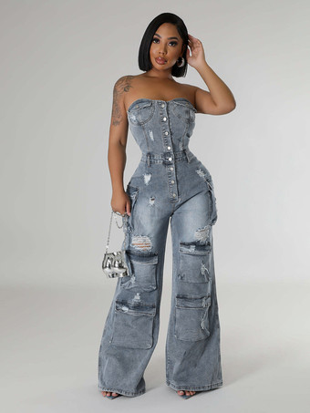 レディース用カーゴストラップレスデニムジャンプスーツ - ブルー Y2K ダメージ加工ワイドレッグボディコンプレイスーツ（ポケット付き） - サマーナイトアウトクラブ 2026