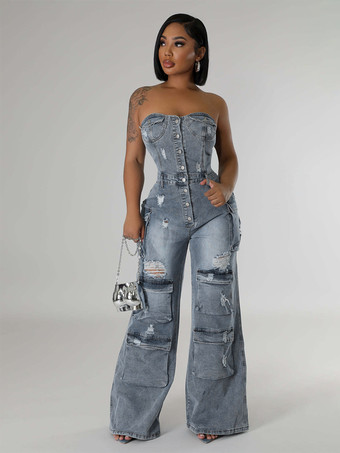 レディース用カーゴストラップレスデニムジャンプスーツ - ブルー Y2K ダメージ加工ワイドレッグボディコンプレイスーツ（ポケット付き） - サマーナイトアウトクラブ 2026