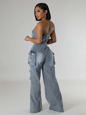 レディース用カーゴストラップレスデニムジャンプスーツ - ブルー Y2K ダメージ加工ワイドレッグボディコンプレイスーツ（ポケット付き） - サマーナイトアウトクラブ 2026