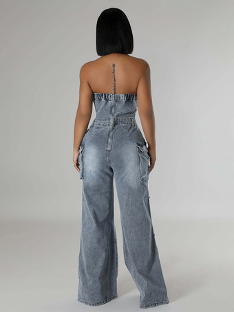 レディース用カーゴストラップレスデニムジャンプスーツ - ブルー Y2K ダメージ加工ワイドレッグボディコンプレイスーツ（ポケット付き） - サマーナイトアウトクラブ 2026
