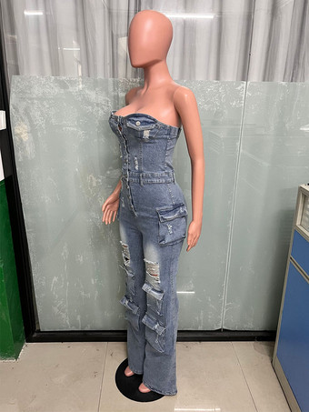 レディース用カーゴストラップレスデニムジャンプスーツ - ブルー Y2K ダメージ加工ワイドレッグボディコンプレイスーツ（ポケット付き） - サマーナイトアウトクラブ 2026