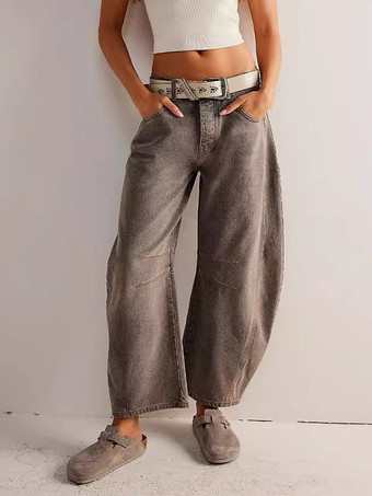 ラクダ色 レディースバレルレッグジーンズ - ホースシューカットのゆったりワイドレッグデニムパンツ（シームディテール付き） - 2026年春のカジュアルストリートウェア