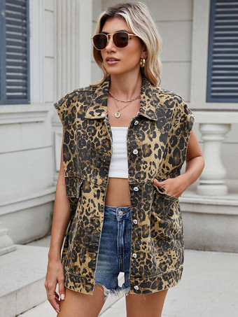 ブラウンヒョウ柄デニムベスト（レディース） - アニマル柄オーバーサイズノースリーブジーンズジャケットコート - 2026年春夏ストリートウェア