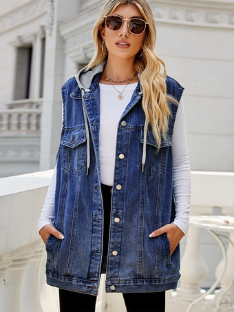ディープブルーレディース用フード付きデニムベスト - オーバーサイズロング丈ダメージ加工ノースリーブジーンズジャケットコート - 2026年春夏ストリートウェア
