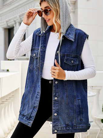 レディース用フード付きデニムベスト - オーバーサイズロング丈ダメージ加工ノースリーブジーンズジャケットコート - 2026年春夏ストリートウェア