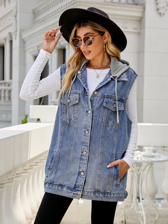 レディース用フード付きデニムベスト - オーバーサイズロング丈ダメージ加工ノースリーブジーンズジャケットコート - 2026年春夏ストリートウェア