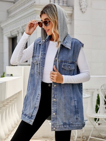 レディース用フード付きデニムベスト - オーバーサイズロング丈ダメージ加工ノースリーブジーンズジャケットコート - 2026年春夏ストリートウェア