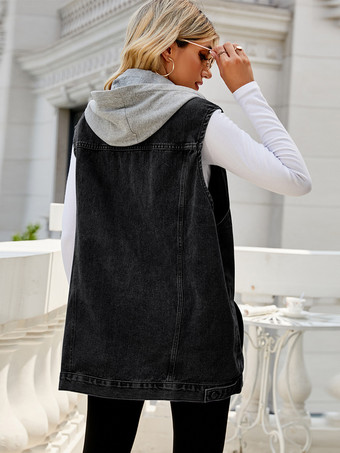 レディース用フード付きデニムベスト - オーバーサイズロング丈ダメージ加工ノースリーブジーンズジャケットコート - 2026年春夏ストリートウェア