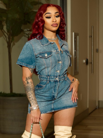 ライトスカイブルーレディース半袖デニムドレス - ミディアムウォッシュ ストリートウェア ボタンアップ ボディコン ミニジーンズドレス - 2026年春の夜のお出かけ