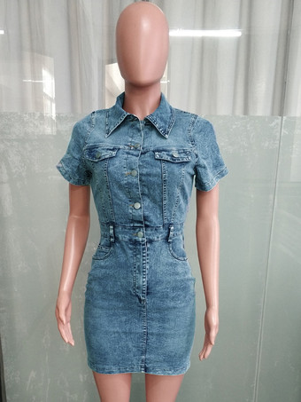 レディース半袖デニムドレス - ミディアムウォッシュ ストリートウェア ボタンアップ ボディコン ミニジーンズドレス - 2026年春の夜のお出かけ