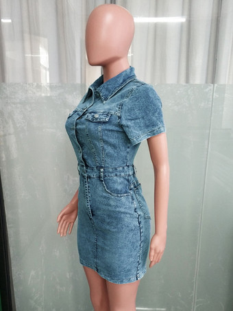 レディース半袖デニムドレス - ミディアムウォッシュ ストリートウェア ボタンアップ ボディコン ミニジーンズドレス - 2026年春の夜のお出かけ