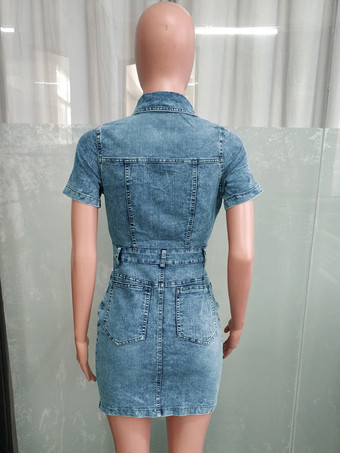 レディース半袖デニムドレス - ミディアムウォッシュ ストリートウェア ボタンアップ ボディコン ミニジーンズドレス - 2026年春の夜のお出かけ