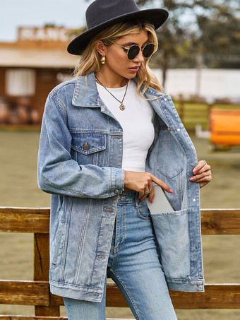 レディース用オーバーサイズデニムジャケット - ロング丈ボーイフレンドフィットダメージジーンズトラッカーコート - 2026年春のシックなストリートウェア