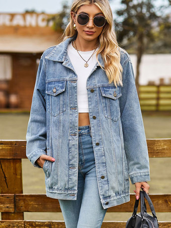 レディース用オーバーサイズデニムジャケット - ロング丈ボーイフレンドフィットダメージジーンズトラッカーコート - 2026年春のシックなストリートウェア