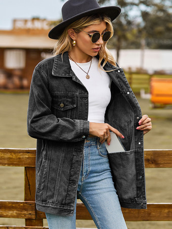 ダークグレー レディース用オーバーサイズデニムジャケット - ロング丈ボーイフレンドフィットダメージジーンズトラッカーコート - 2026年春のシックなストリートウェア