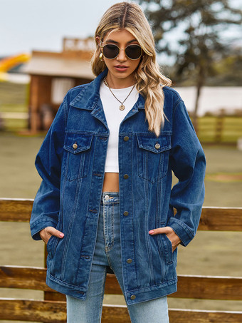 ディープブルーレディース用オーバーサイズデニムジャケット - ロング丈ボーイフレンドフィットダメージジーンズトラッカーコート - 2026年春のシックなストリートウェア