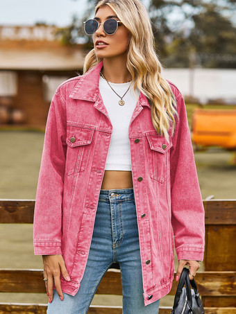 ピンクレディース用オーバーサイズデニムジャケット - ロング丈ボーイフレンドフィットダメージジーンズトラッカーコート - 2026年春のシックなストリートウェア