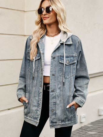 レディース用オーバーサイズフード付きデニムジャケット - ロングボーイフレンドフィットダメージジーンズトラッカーコート - 2026年春のシックなストリートウェア