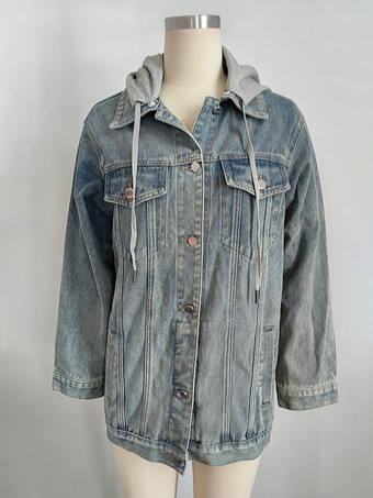 レディース用オーバーサイズフード付きデニムジャケット - ロングボーイフレンドフィットダメージジーンズトラッカーコート - 2026年春のシックなストリートウェア